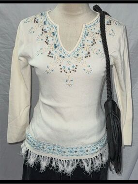 Michelle Nicole Cream Long Sleeve Embroidered Fringe Tee with Blue Accents